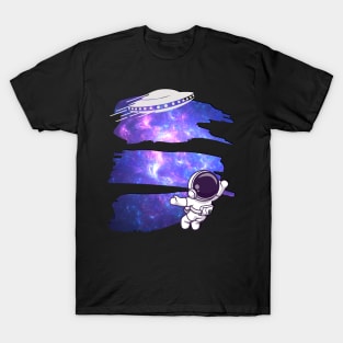 Ufo alien funny cute flying spaceship astronaut moon mars cosmic forest T-Shirt